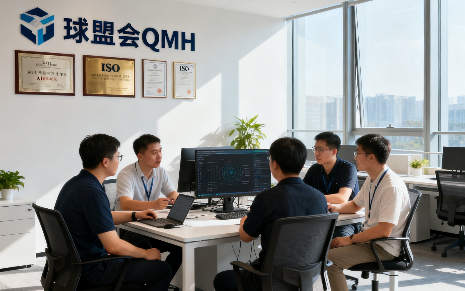 球盟会QMH深圳南山科技园总部办公室实景，开放式办公区中研发团队正在协作讨论AI算法方案，墙上展示着公司获得的专利证书和ISO认证铭牌，自然光透过落地窗照亮整个空间